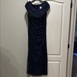 La Femme Deep Navy Blue Ruched Maxi Gown with Off the Shoulder Cap Sleeves